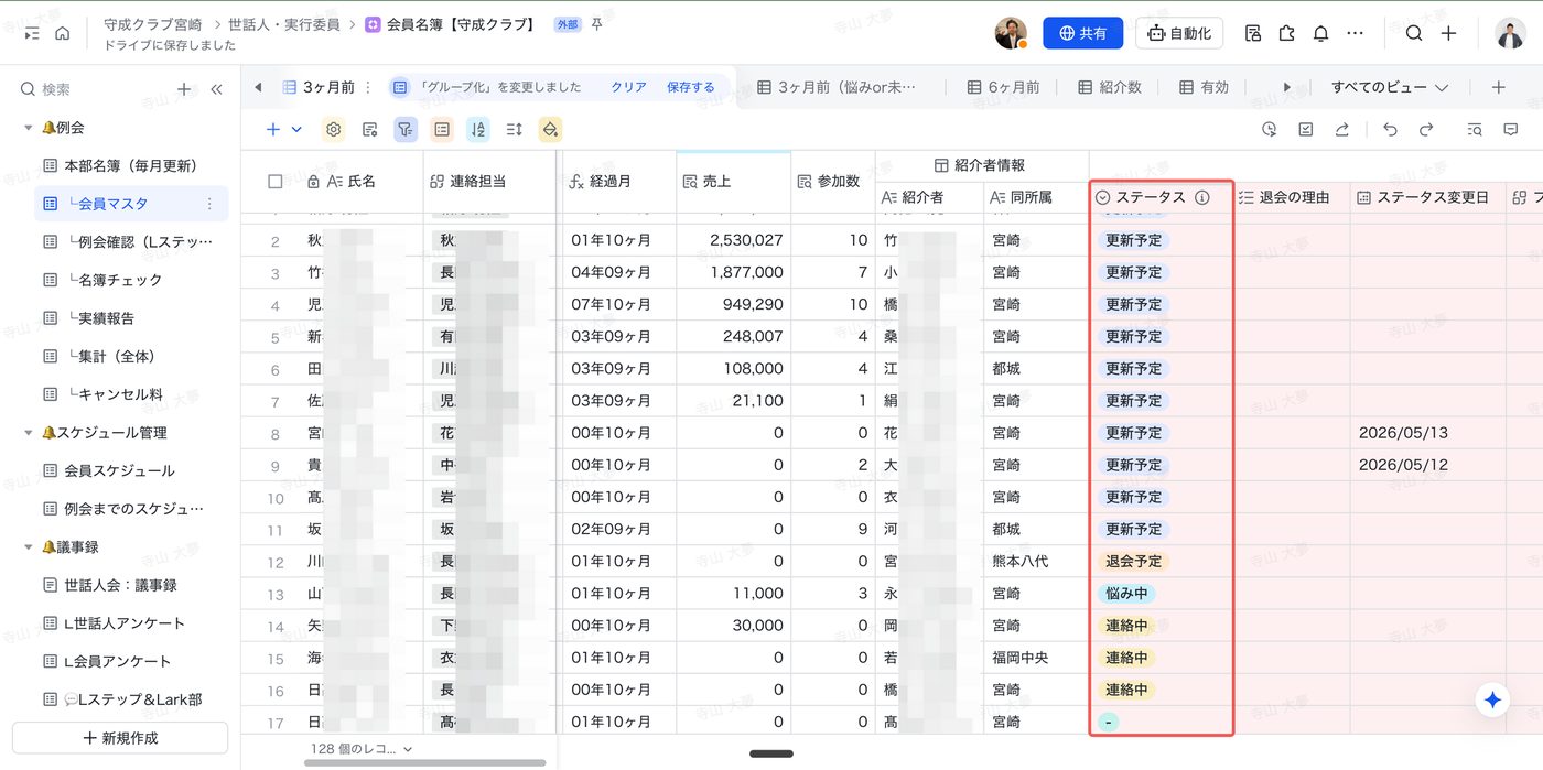 Lark Base 宮崎会場 会員マスタ。経過月・売上・参加数・ステータス・退会理由を一覧管理